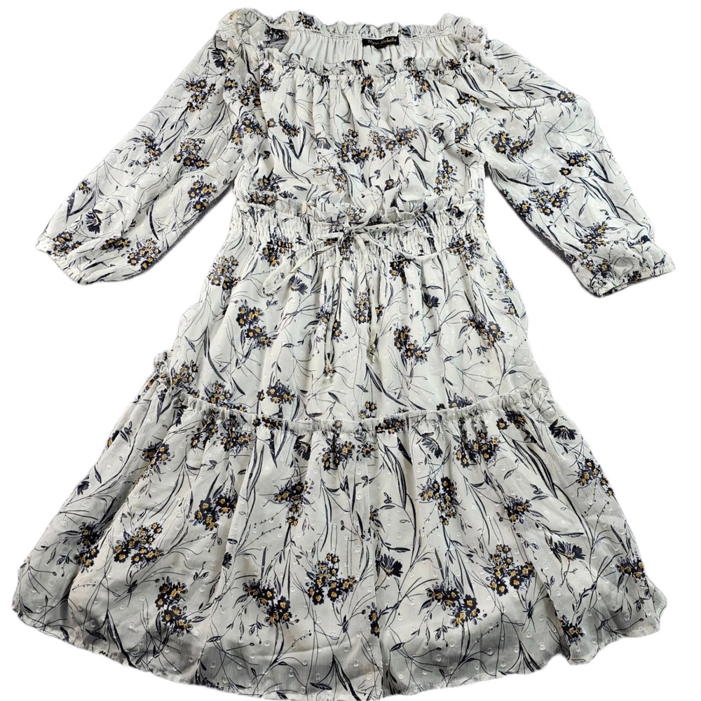 Ryan Michelle Midi Dress Women M White Floral Smocked Tie Waist Off the Shoulder